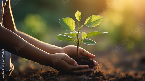 Fényképezés Little kid hands holding green plant in soil with sunlight background