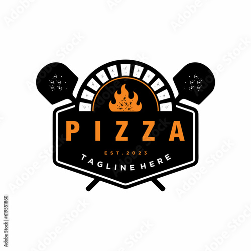 Pizza logo with pizza shovel and oven with flame on white background
