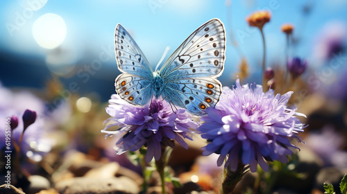 Beautiful butterfly on purple flowers in the meadow. Nature background © Jharna