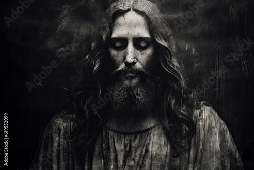 Jesus Christ Portrait in Hood. Black and White Grunge Old Picture Grain © fotoyou