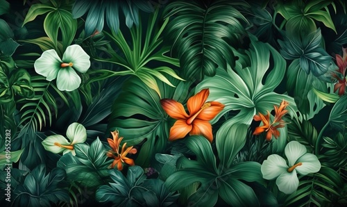  a painting of tropical plants and flowers on a black background.  generative ai © Anna