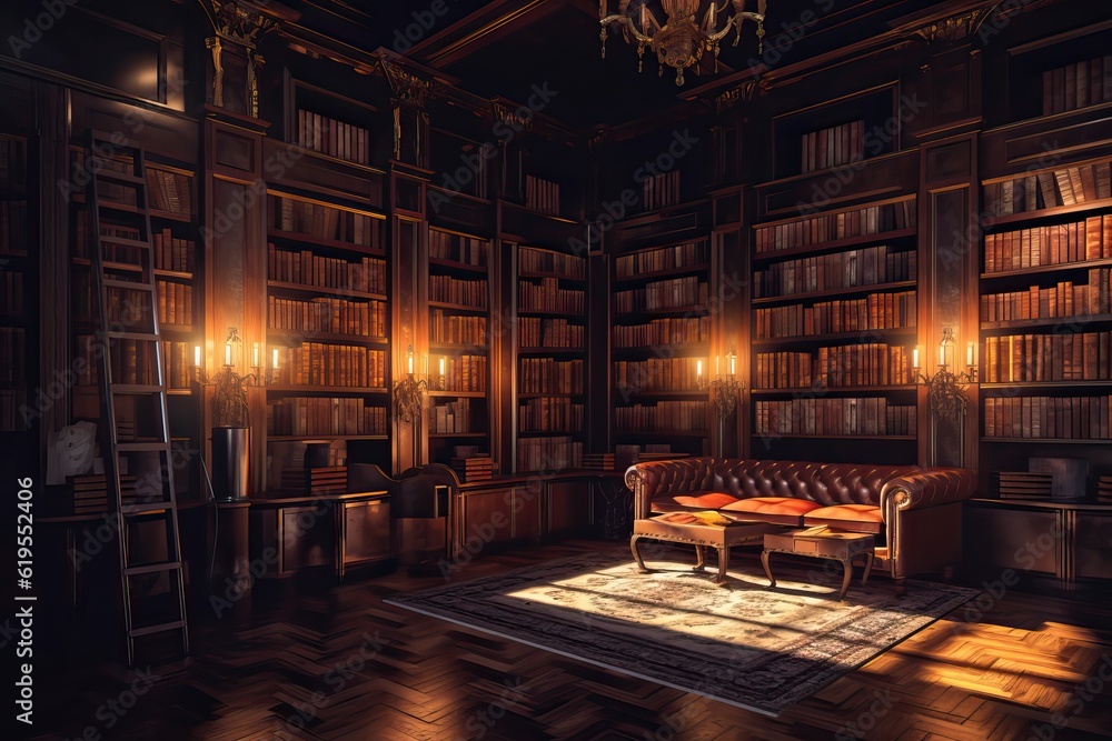 Ancient elegant library interior with wooden shelfs and club sofa, generative ai Ancient elegant library interior with wooden shelfs and club sofa, generative ai