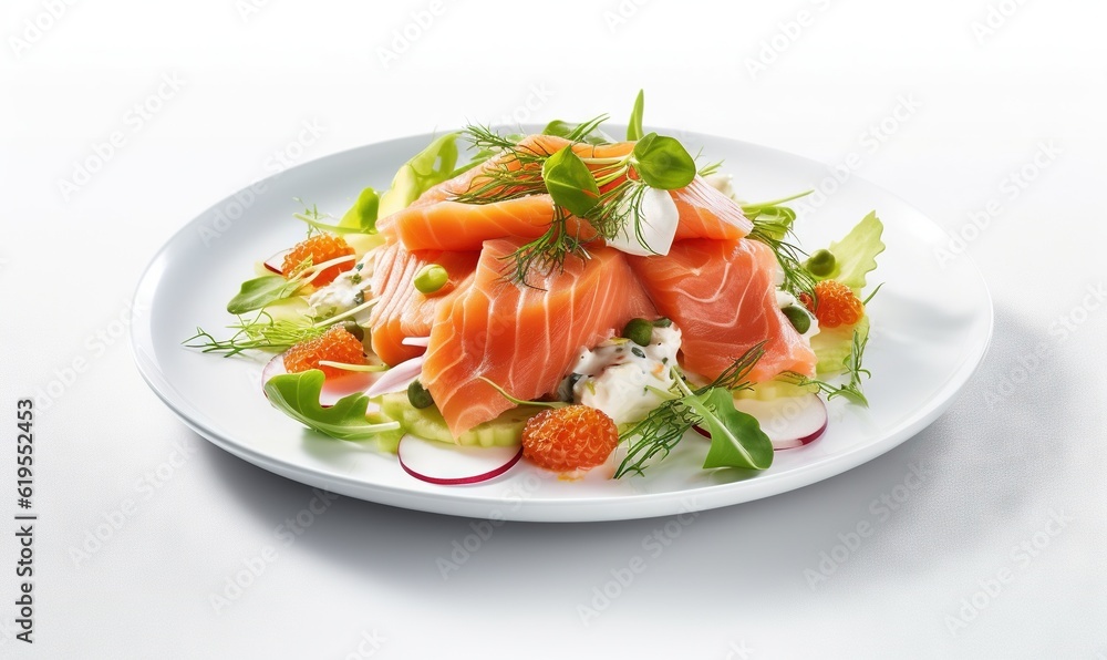 a white plate topped with salmon and salad on top of a table. generative ai a white plate topped with salmon and salad on top of a table. generative ai