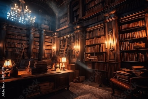 Ancient elegant library interior with wooden shelfs and club sofa, generative ai