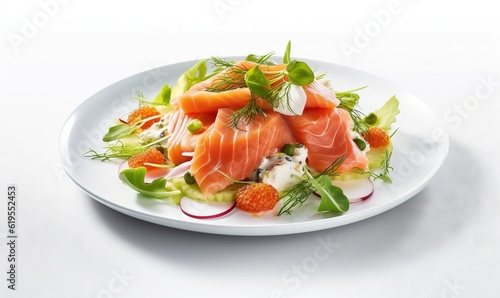  a white plate topped with salmon and salad on top of a table. generative ai