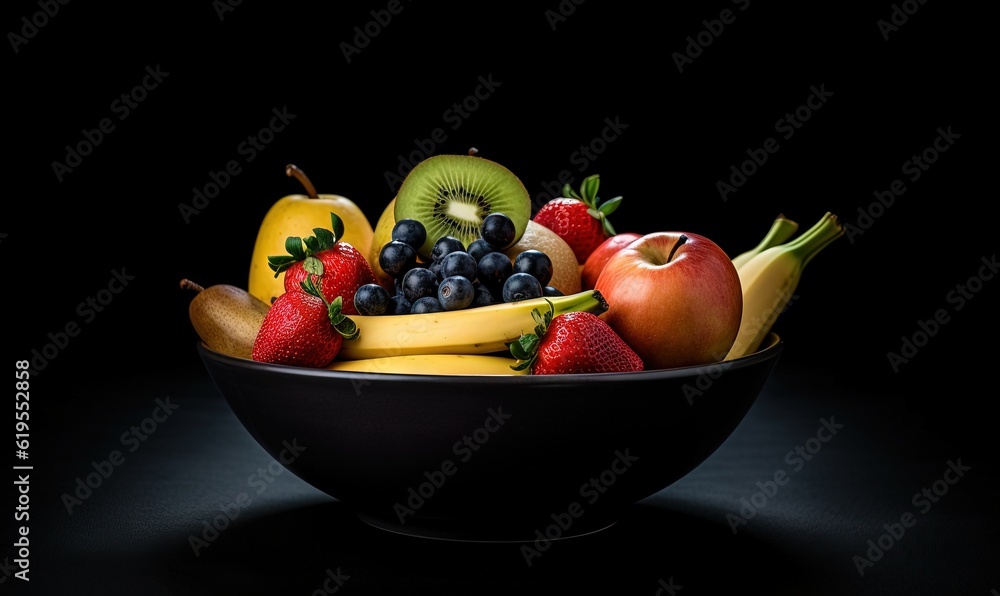 a black bowl filled with lots of different types of fruit. generative ai a black bowl filled with lots of different types of fruit. generative ai