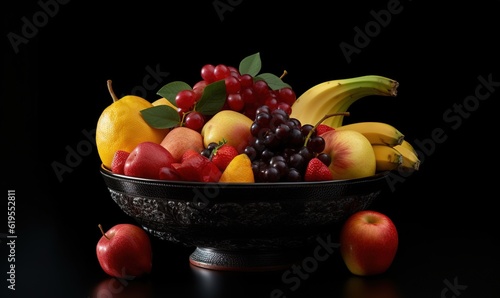  a bowl of fruit is sitting on a black table top.  generative ai