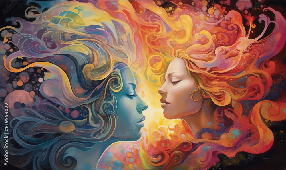  a painting of two women facing each other with colorful hair.  generative ai