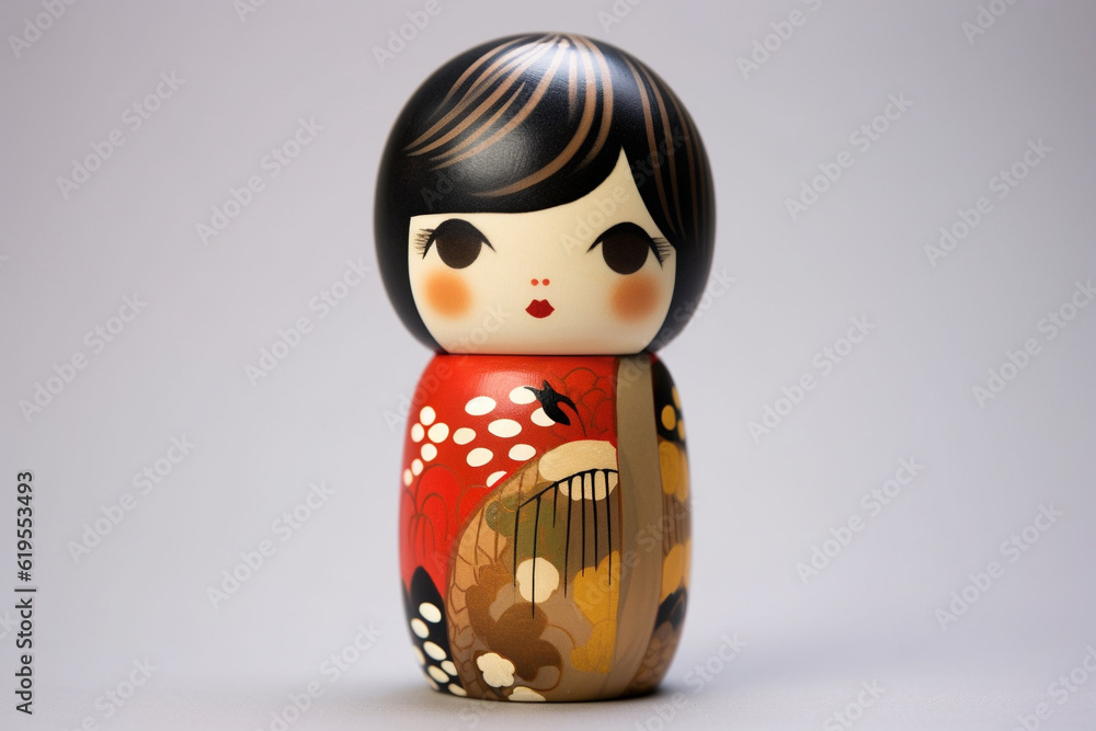 Generative ai. Japanese kokeshi doll with short hair and kimono Generative ai. Japanese kokeshi doll with short hair and kimono