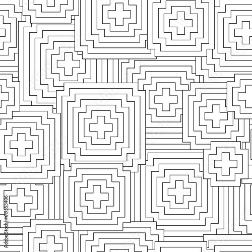 Black and white seamless pattern for coloring book in doodle style. Polygons, crosses.