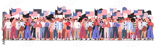 Happy Independence Day banner. People of different ethnicities stand side by side together holding the American national flags. Parade with flags. America celebrate 4th of July. 