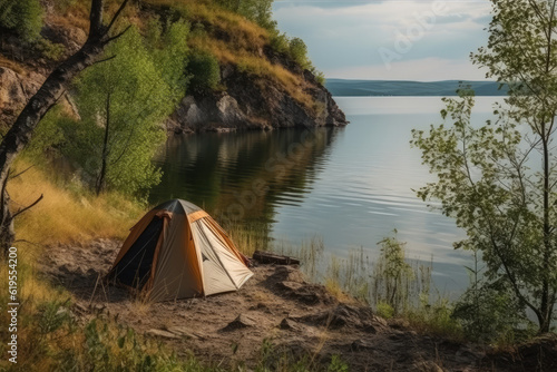 Hiking tent on the lake shore, beautiful landscape, AI Generated