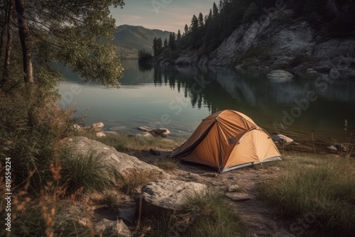 Hiking tent on the lake shore, beautiful landscape, AI Generated © staras