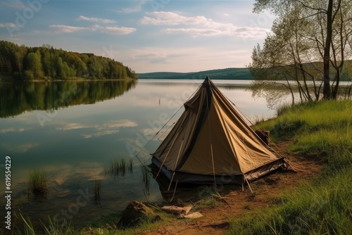 Hiking tent on the lake shore, beautiful landscape, AI Generated