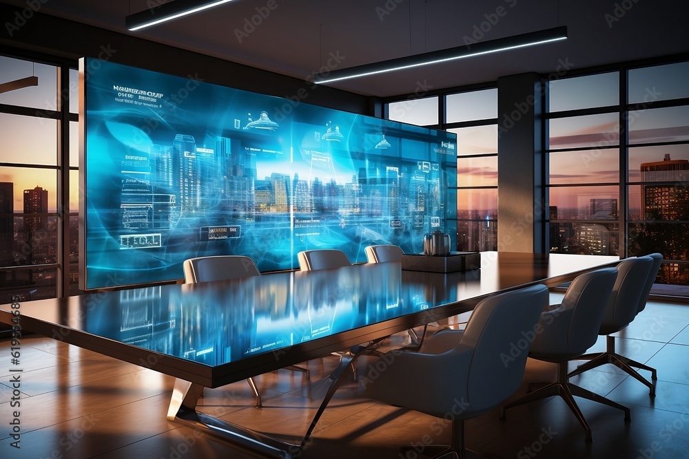 Futuristic Meeting Room with Holographic Data Display