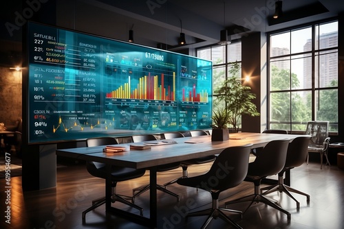 Futuristic Meeting Room with Holographic Data Display