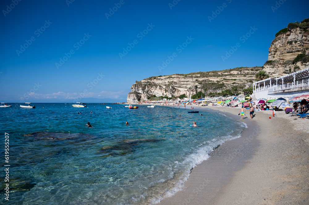 Italy, July 2023: wonderful and relaxing view of the bay of Riaci with its cliffs and crystalline sea. We are near Tropea along the Costa degli Dei in the Calabria region