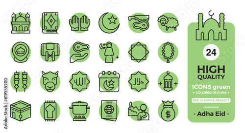 Eid Al Adha icon set (green color outline). The collection includes web design, application design, UI design, during Eid Al Adha, Eid al Fitr, and others.