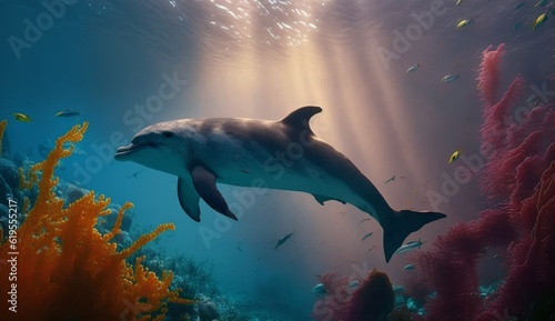 Dolphin swimming in the under sea Beautiful Underwater .Generative AI.