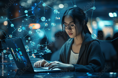 A young asian girl sits at a computer and works with a neural network. The concept of artificial intelligence and modern technologies. AI generated