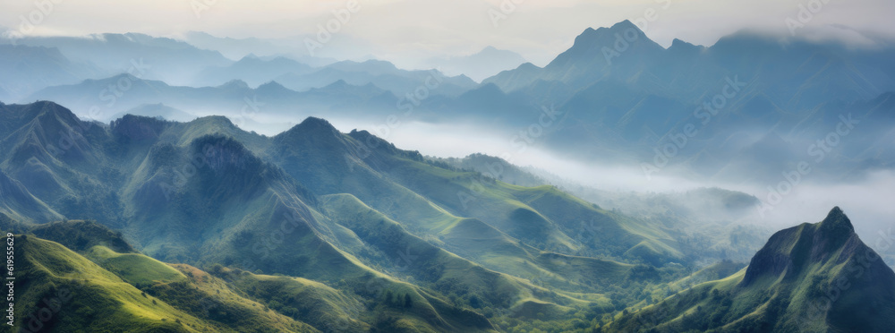 Misty Morning Peaks: Panoramic Mountain Scenery. Generative AI