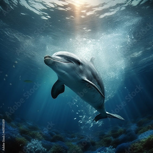 Generative AI illustrations, Charming dolphin playing at coral reef underwater. © Erda