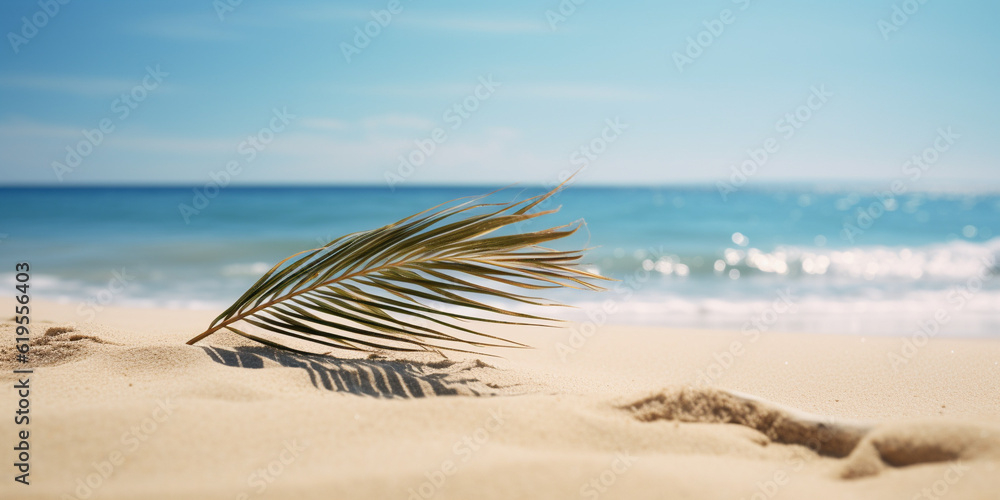 Beautiful sandy beach and a green palm branch in the foreground. Mockup and copyspace. AI generated. Beautiful sandy beach and a green palm branch in the foreground. Mockup and copyspace. AI generated.
