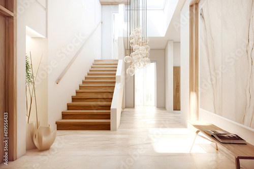 Wooden staircase and marble floor in minimalist interior design of modern entrance hall with door. Created with generative AI