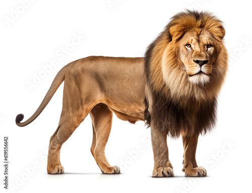 Adult male lion cat realistic photo generative AI illustration isolated on white background. Wild cats animals concept