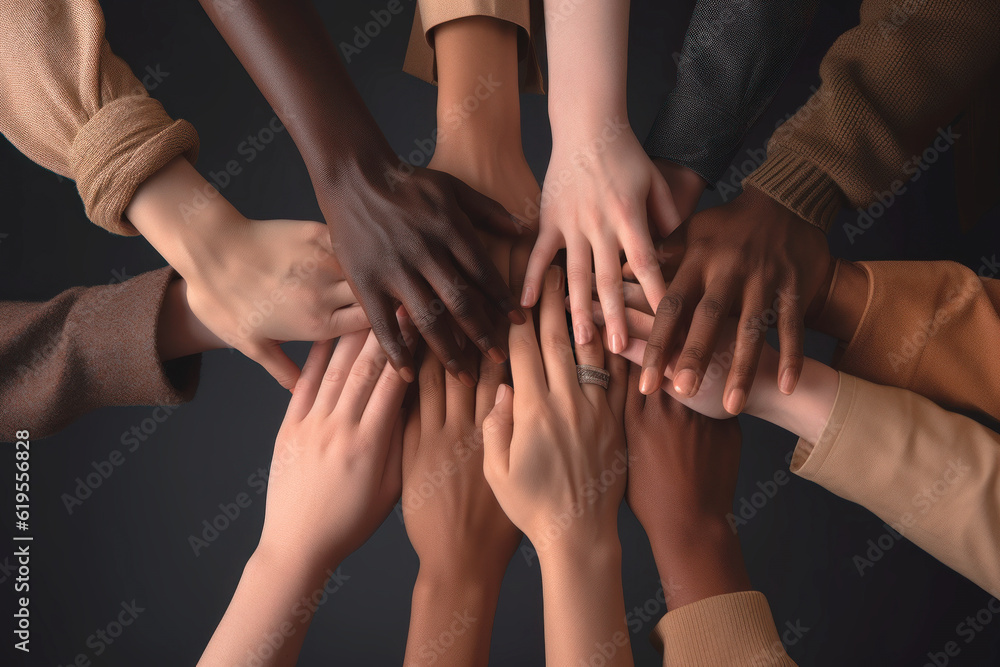 Many hands of different races and ethnicities. United for equality: Diverse youth fighting against discrimination - obrazy, fototapety, plakaty 