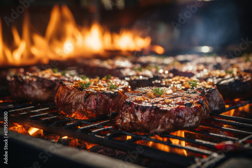 Flame grill with burgers and steak - BBQ meat - Food photography - Beef © Unicorn Trainwreck