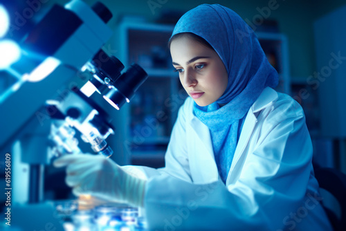 Female empowerment in science: Arabic woman scientist with a veil working with a microscope in a high-tech laboratory