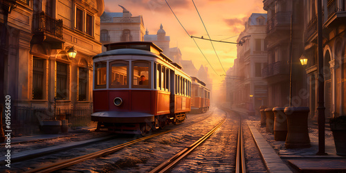 Old tram running through the city. AI Generative.