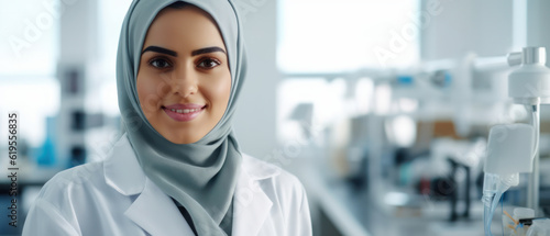 Female empowerment in science: Arabic woman scientist with a veil working  in a high-tech laboratory on International Women's Day concept, copy space