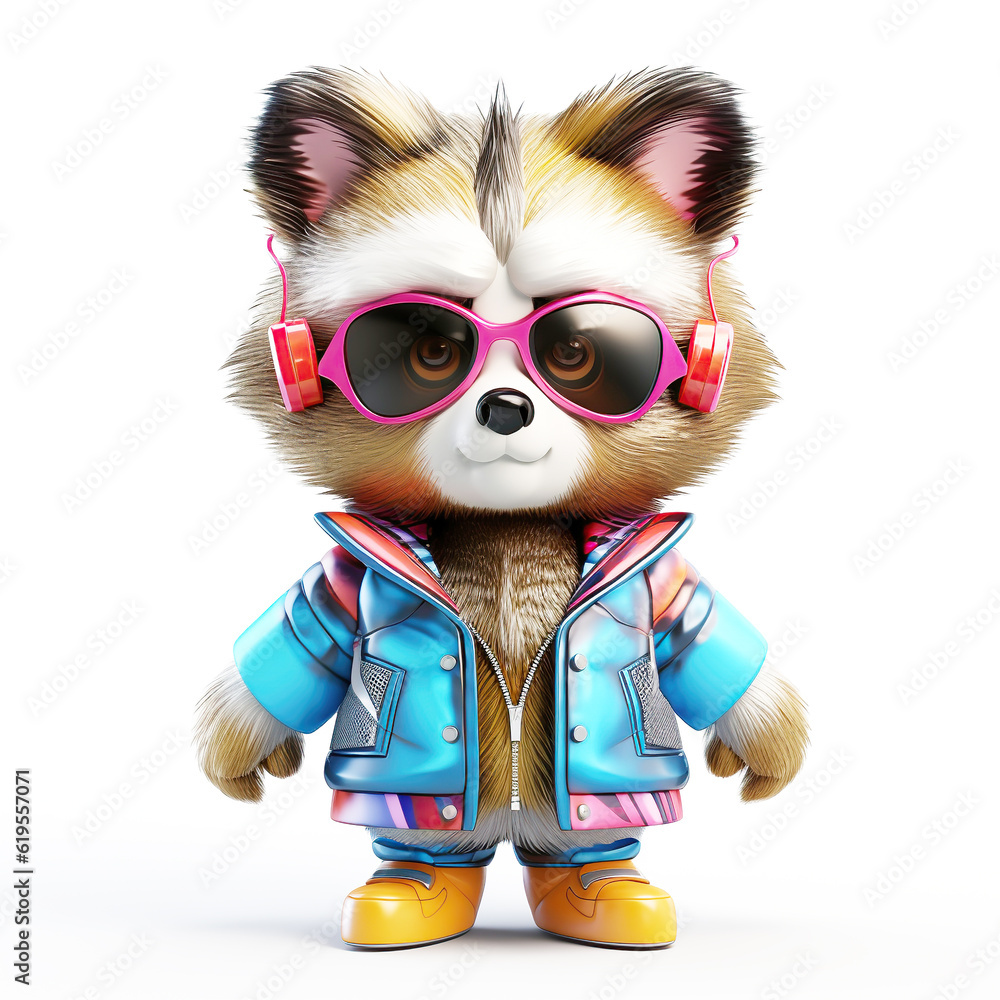 Fototapeta premium colorful cartoon character small bear wearing sunglasses and headphones