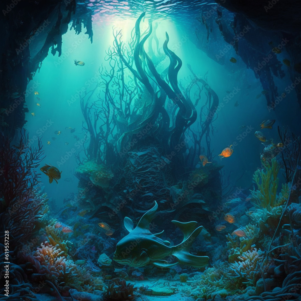 Fototapeta premium Generative AI illustration, Underwater world. Coral fishes