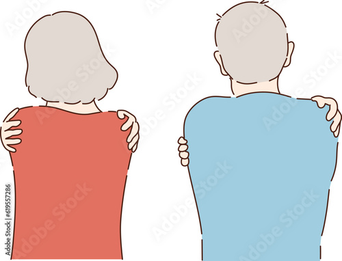 Senior woman, man hugs himself. Positive old people expressing love and care. Love for yourself, high esteem and body positive concept vector.