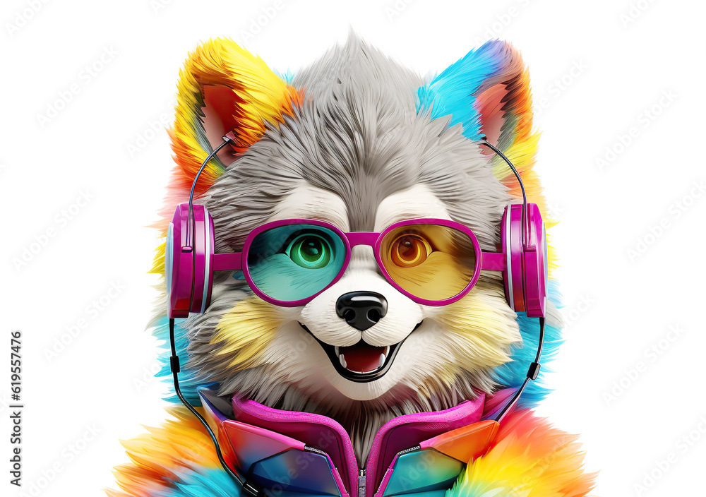 colorful cartoon character wolf wearing sunglasses and headphones