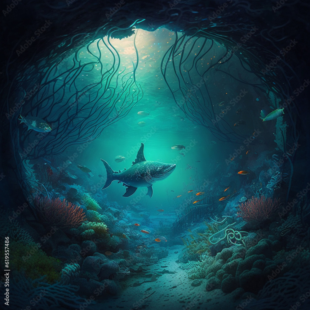 Fototapeta premium Generative AI illustrations, Underwater diver in deep sea dive