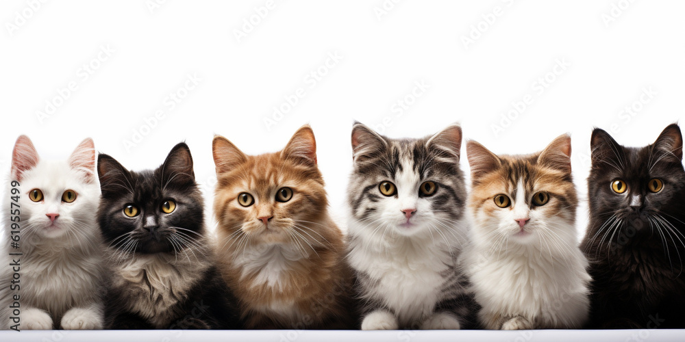 Many cats are sitting in a row isolated on white. AI generated.