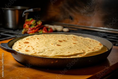 a stack of tortillas in a cast iron pan on a wooden table. Traditional pastries. AI generated photo