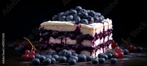 Dark food photography background - Tasty cake with fresh blueberry fruits on table (Generative Ai)