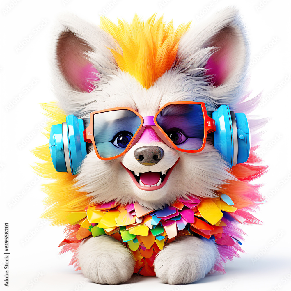 colorful cartoon character small dog wearing sunglasses and headphones