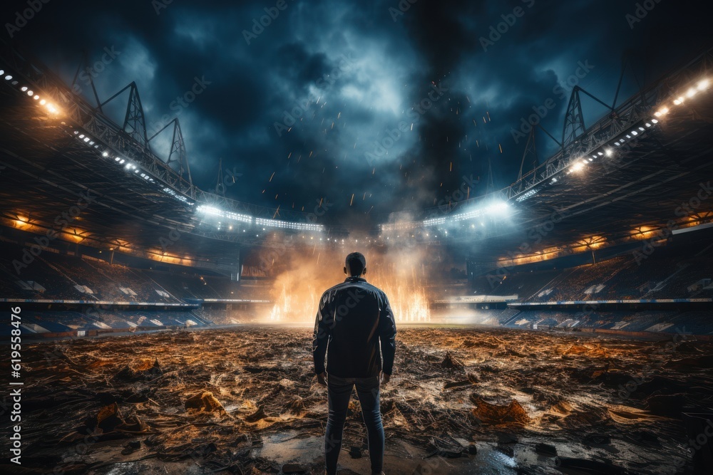 fan celebrating a goal at a soccer stadium at night