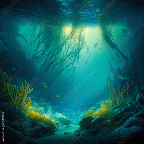 Generative AI illustration, Underwater world. Coral fishes