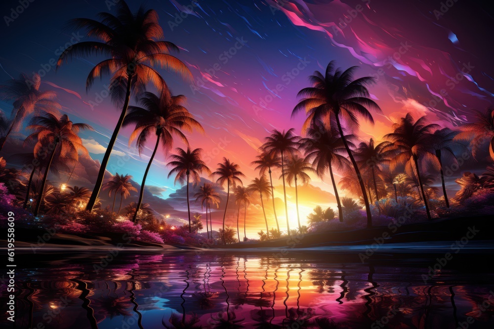 palm trees in a futuristic sunset with purple and violet tones