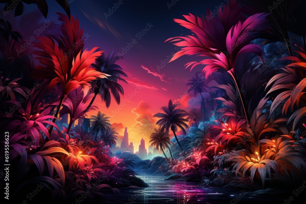 Palm trees on an evening beach at sunset in retro futuristic style