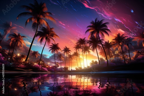 palm trees in a futuristic sunset with purple and violet tones