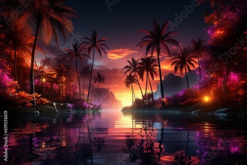 palm trees in a futuristic sunset with purple and violet tones