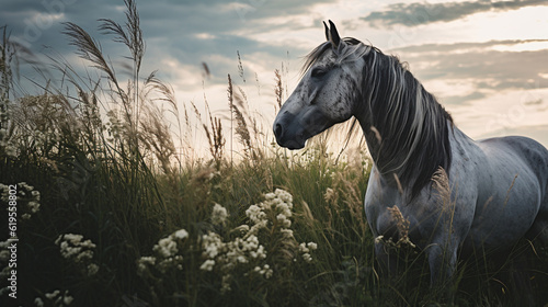 A Majestic Wild Horse/Stallion Standing in a Grassy Field with Flowers, Looking off into the Distance, Dramatic and Moody Lighting - Generative AI